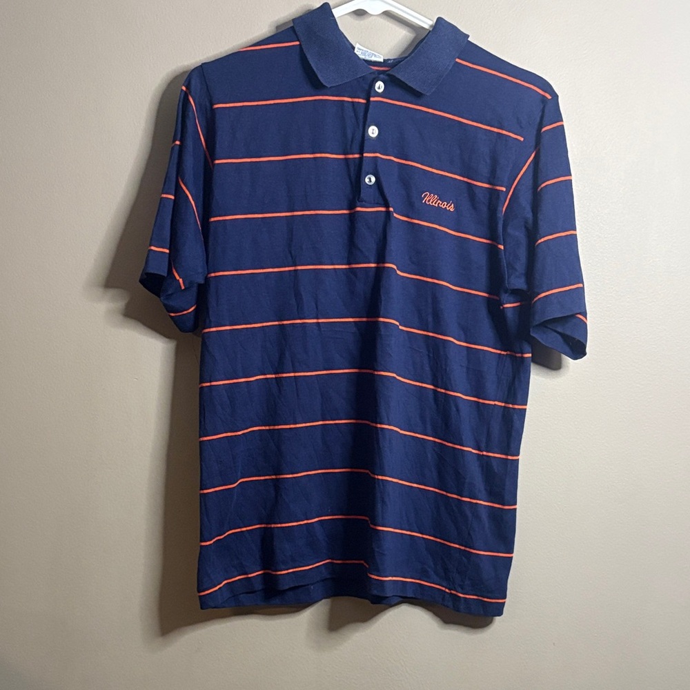 Vintage RC Sportswear Illinois Navy Blue and Orange Striped Polo Shirt